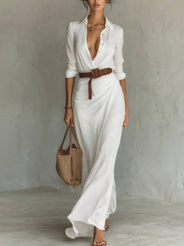 Maggy™ | Elegant Dress with Belt and Classic Lapel Collar