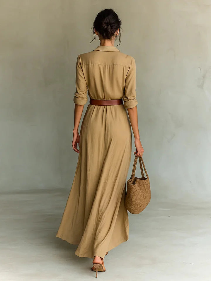 Maggy™ | Elegant Dress with Belt and Classic Lapel Collar