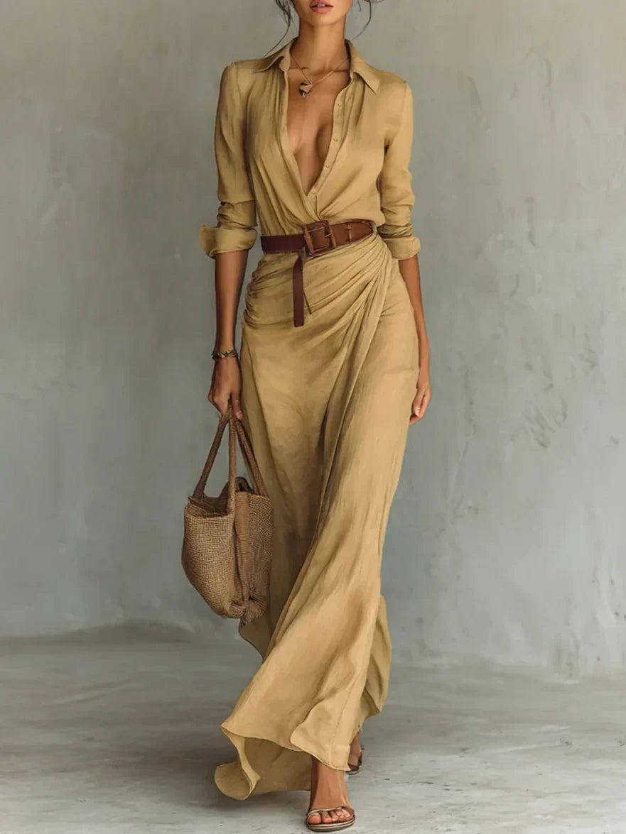 Maggy™ | Elegant Dress with Belt and Classic Lapel Collar