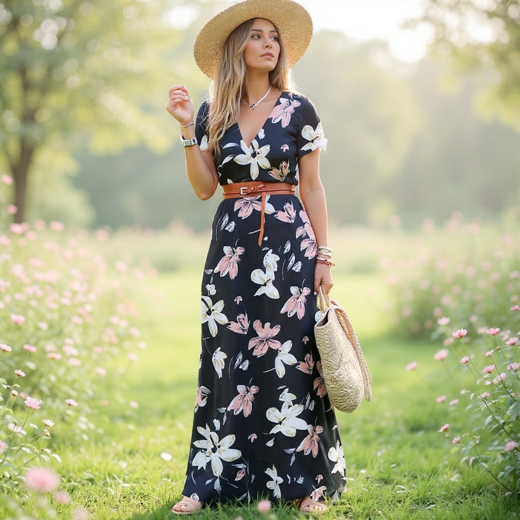 Sienna™ | Elegant Long Dress with Paisley Prints and Belt