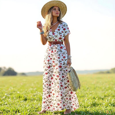 Sienna™ | Elegant Long Dress with Paisley Prints and Belt