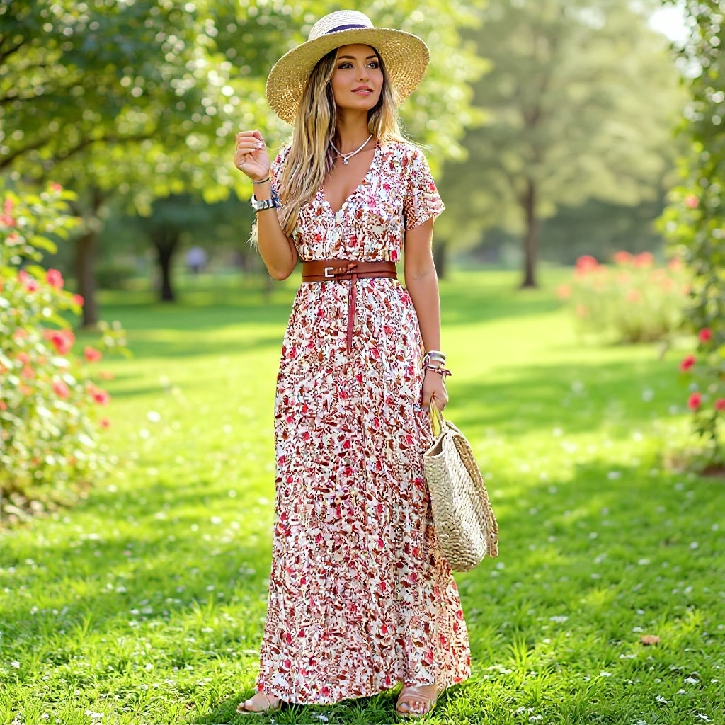 Sienna™ | Elegant Long Dress with Paisley Prints and Belt