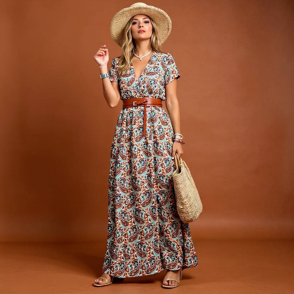 Sienna™ | Elegant Long Dress with Paisley Prints and Belt