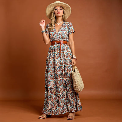 Sienna™ | Elegant Long Dress with Paisley Prints and Belt