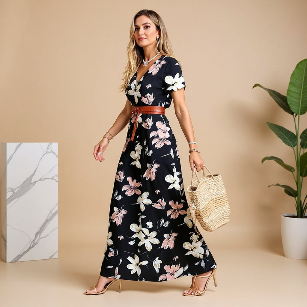 Sienna™ | Elegant Long Dress with Paisley Prints and Belt