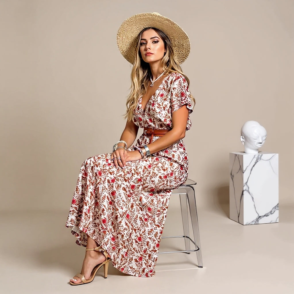 Sienna™ | Elegant Long Dress with Paisley Prints and Belt