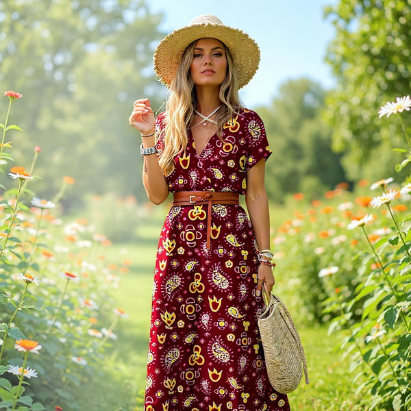 Sienna™ | Elegant Long Dress with Paisley Prints and Belt