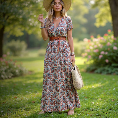Sienna™ | Elegant Long Dress with Paisley Prints and Belt