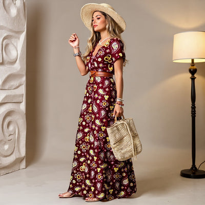Sienna™ | Elegant Long Dress with Paisley Prints and Belt