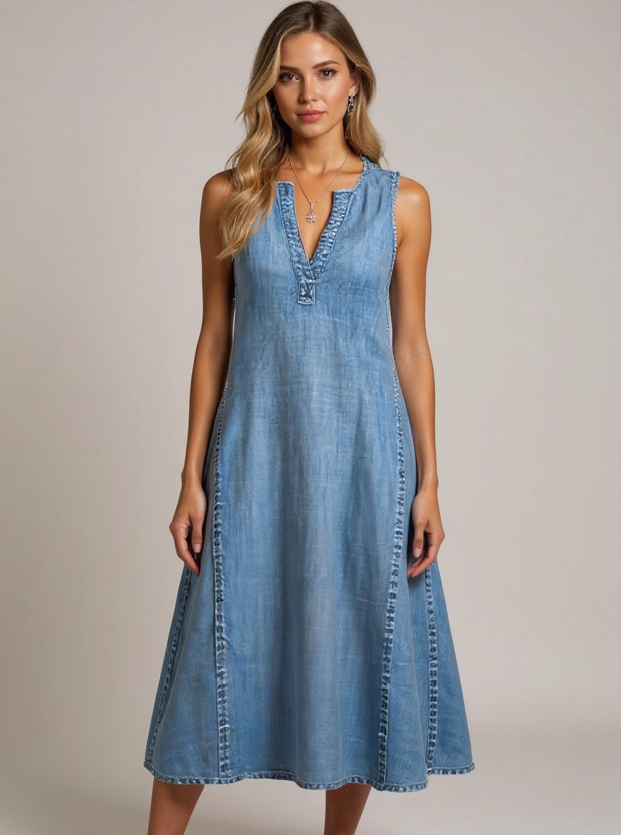 Joanne™ | Sleeveless Denim Dress with V-Neck & A-Line Fit