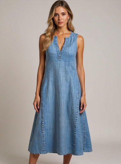 Joanne™ | Sleeveless Denim Dress with V-Neck & A-Line Fit