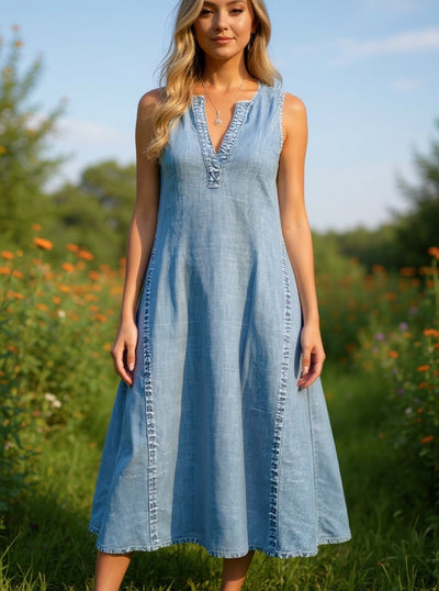 Joanne™ | Sleeveless Denim Dress with V-Neck & A-Line Fit