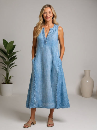 Joanne™ | Sleeveless Denim Dress with V-Neck & A-Line Fit