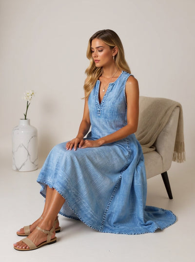Joanne™ | Sleeveless Denim Dress with V-Neck & A-Line Fit