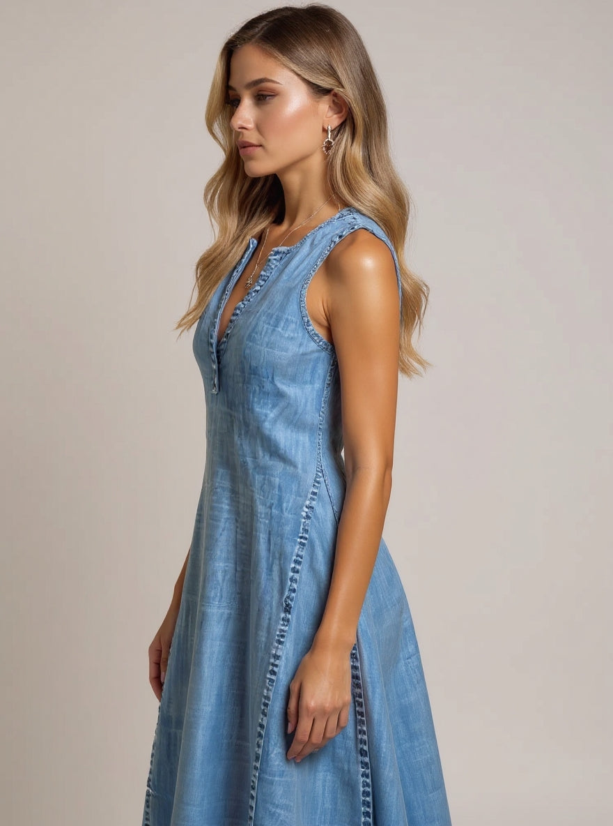 Joanne™ | Sleeveless Denim Dress with V-Neck & A-Line Fit