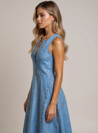 Joanne™ | Sleeveless Denim Dress with V-Neck & A-Line Fit