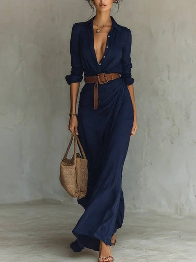 Maggy™ | Elegant Dress with Belt and Classic Lapel Collar