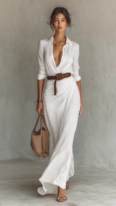 Maggy™ | Elegant Dress with Belt and Classic Lapel Collar